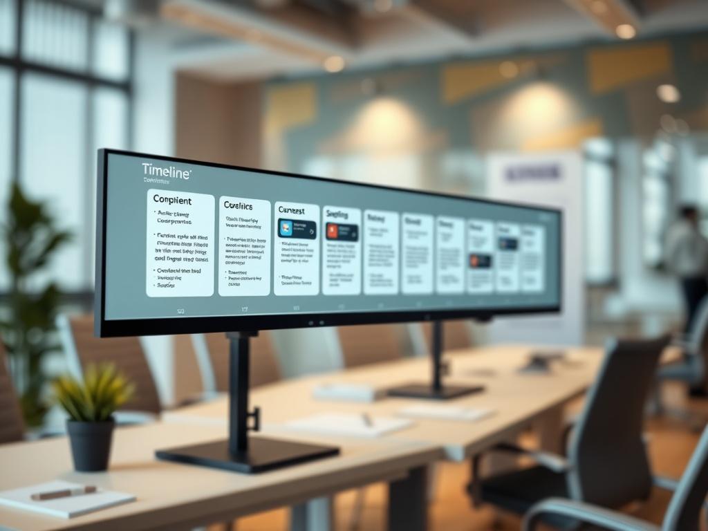 A realistic high-resolution image of a visual timeline displayed on a screen, featuring organized milestones and events, with a subtle background of a professional office setting. The focus should convey clarity and organization.