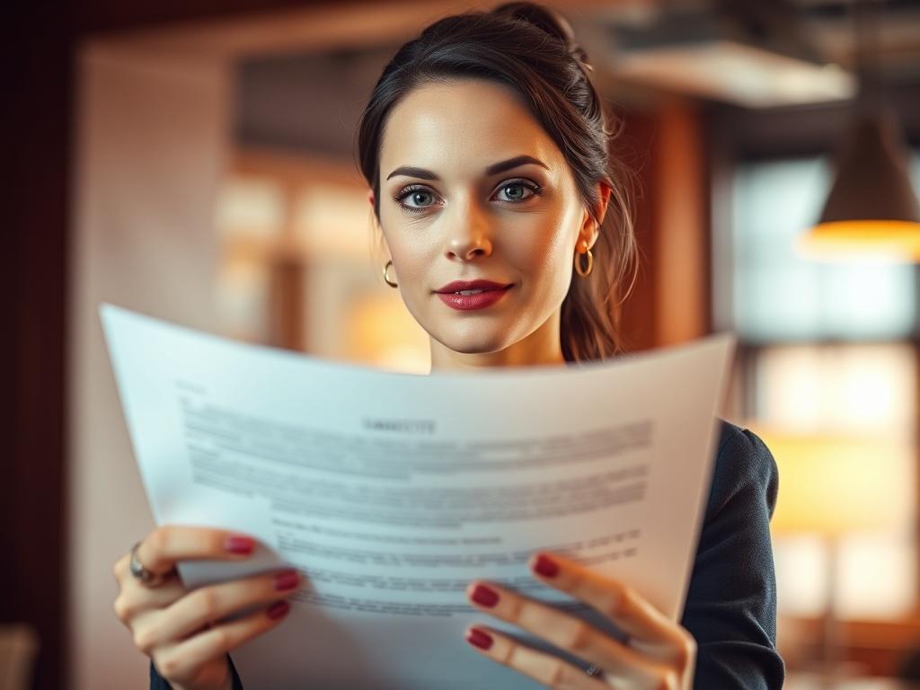 A close-up shot of a professional woman holding a legal document, looking engaged and confident. The background is a softly blurred office environment with warm lighting, creating a sense of professionalism and focus. The subject should be centered in the frame, with a clear focus on her expression and the document in hand. The colors should be warm, reflecting a cozy yet professional atmosphere, with an emphasis on the RGB color code rgb(193, 153, 87).
