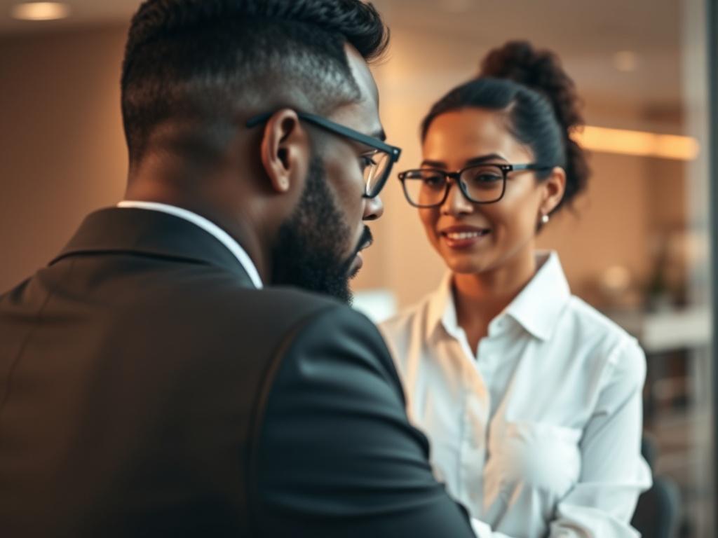 A close-up shot of a professional consultant talking with a client in a modern office, both looking engaged and focused. The setting should convey a sense of professionalism and trust, with warm lighting and a clean aesthetic. The background should subtly incorporate elements reflecting the RGB color code rgb(193, 153, 87), adding warmth and depth to the scene.