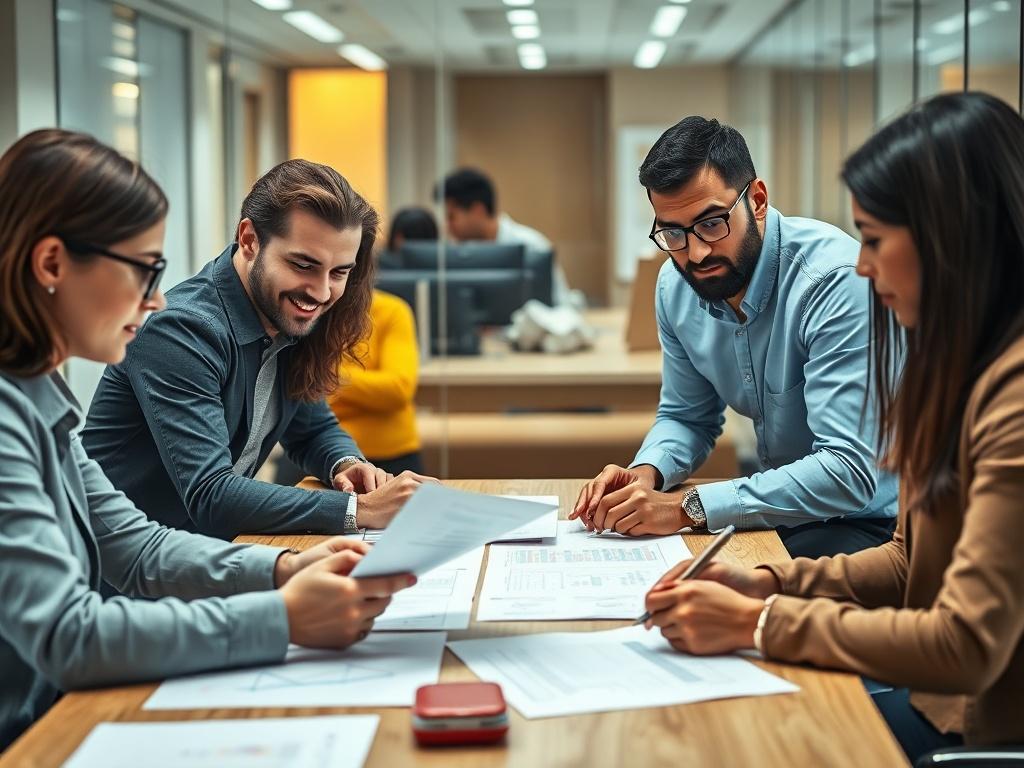 A close-up shot of a diverse team of professionals analyzing documents around a conference table. The focus is on their engaged faces, showcasing collaboration and determination. The setting is a modern office with a bright atmosphere, emphasizing teamwork and investigation. The colors should reflect the RGB color code rgb(193, 153, 87) in the decor or materials present in the scene.