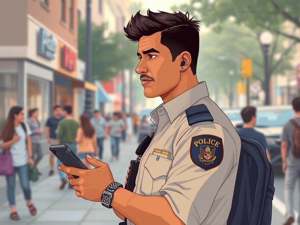 Create a high-quality illustration depicting a local law enforcement officer engaged in covert operations. The subject should be a mid-30s Hispanic male police officer, dressed in plain clothes, wearing a concealed earpiece and holding a smartphone as he discreetly observes a public gathering. His expression should show focus and determination, implying his role in monitoring the situation without drawing attention to himself.

In the background, include a blurred urban setting that reflects a typical Ameri