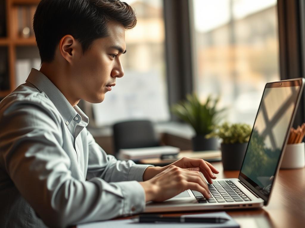 A close-up shot of a professional-looking person sitting at a desk, typing on a laptop with a focused expression. The background shows an organized workspace with neat stationery and a plant. The lighting is warm and inviting, highlighting the individual's concentration and determination.