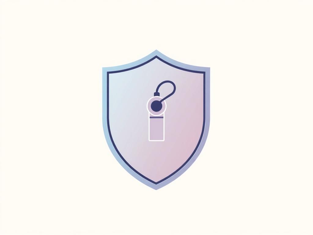 A minimalistic illustration of a shield with a whistle inside, representing protection for whistleblowers. The background should consist of soft pastel colors that evoke a sense of safety and strength. The shield should be simple yet bold, emphasizing the concept of protection in a clear and straightforward manner.