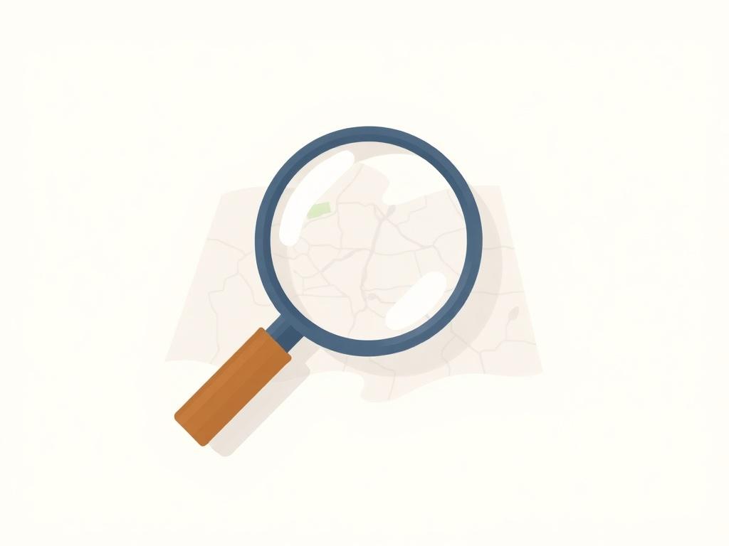 A minimalistic illustration of a magnifying glass overlaid on a map, symbolizing investigation and discovery. The background should feature soft pastel colors, creating a calm yet inquisitive atmosphere. The map should be simplified with clear lines and symbols but devoid of intricate details, emphasizing the act of searching and exploring one's community.