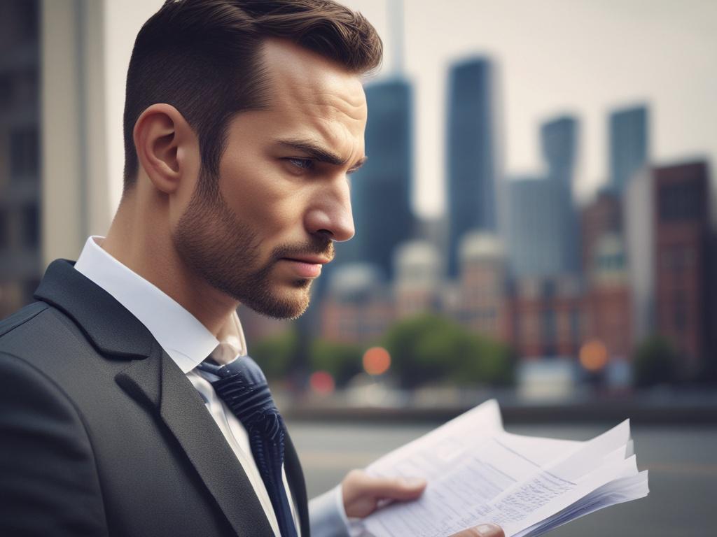 realistic high-resolution close-up of a whistleblower holding documents, serious expression, blurred background of a cityscape.