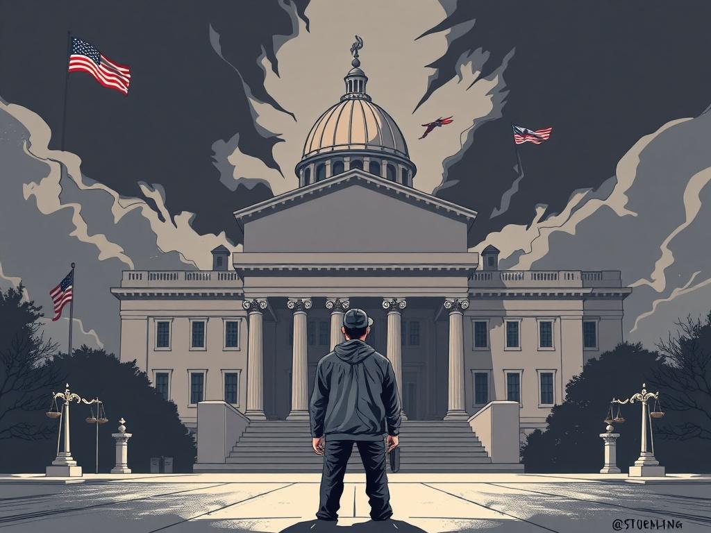 A bold illustration of a citizen standing in front of a government building, symbolizing vigilance against unconstitutional surveillance. The background features a mix of shadows and light, representing the fight between justice and oppression, with symbols of rights and freedoms. The illustration should be professional and impactful.