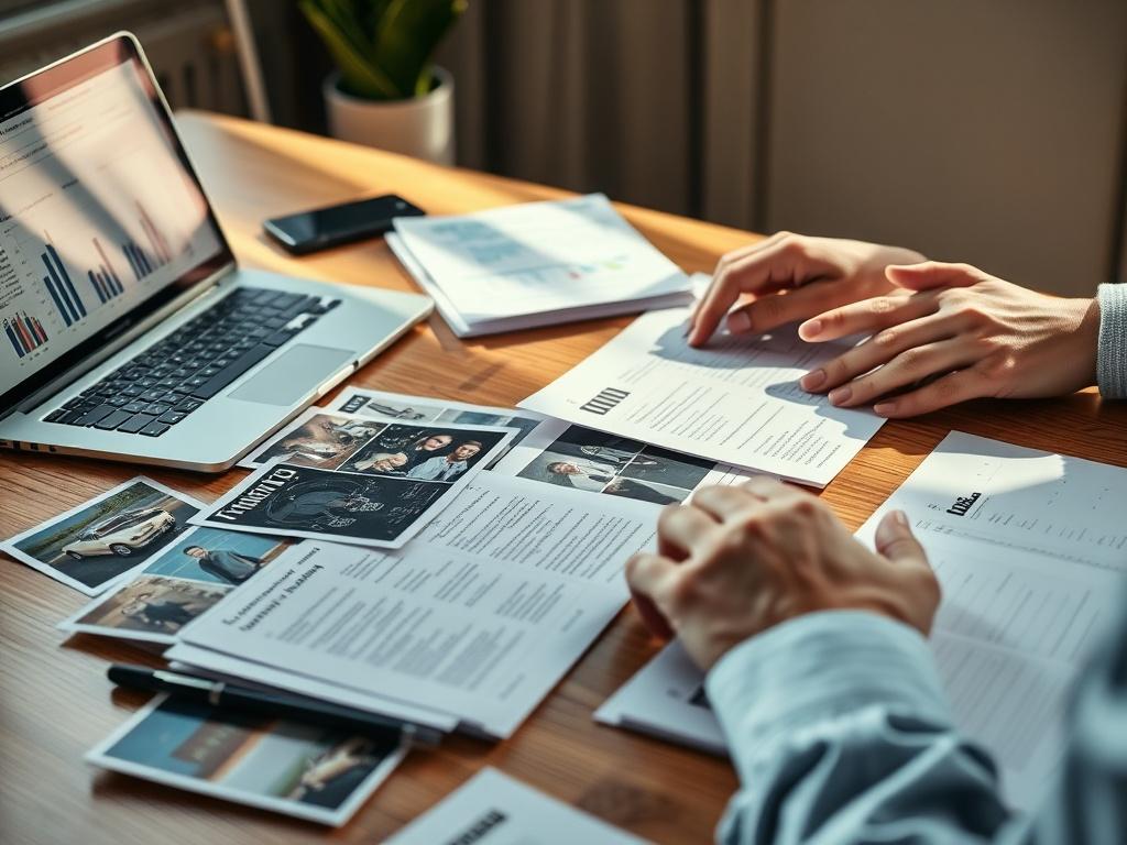 A high-resolution close-up image of hands meticulously organizing evidence on a wooden desk. The evidence includes photographs, reports, and various documents neatly arranged. A sleek laptop is open, displaying analytical data and notes. Natural light streams in from a nearby window, casting gentle shadows and creating a focused atmosphere. The scene conveys precision and attention to detail, illustrating the thoroughness involved in documenting evidence during investigations. This image captures the essenc