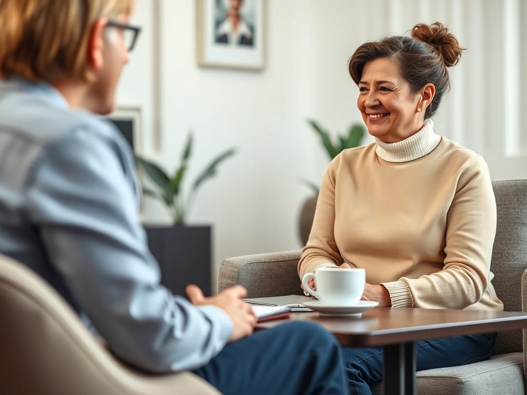 A warm close-up shot of a compassionate consultant engaging in a one-on-one session with a client in an inviting office. The consultant, a middle-aged woman with a reassuring smile, is attentively listening to the client, who appears relieved and hopeful. The office features comfortable seating and subtle decor that creates a safe space for discussion. A coffee cup and notepad on the table emphasize the personal touch of the consultation. This image highlights the supportive environment that Justice Guard p