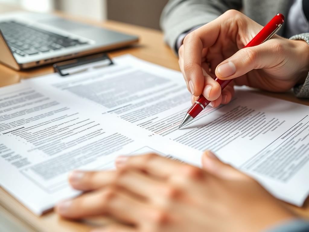 A close-up shot of documents being reviewed by a professional, with a red pen making notes on the pages. The scene should convey attention to detail, with a background that includes a notepad and a laptop, emphasizing a collaborative and thorough review process.