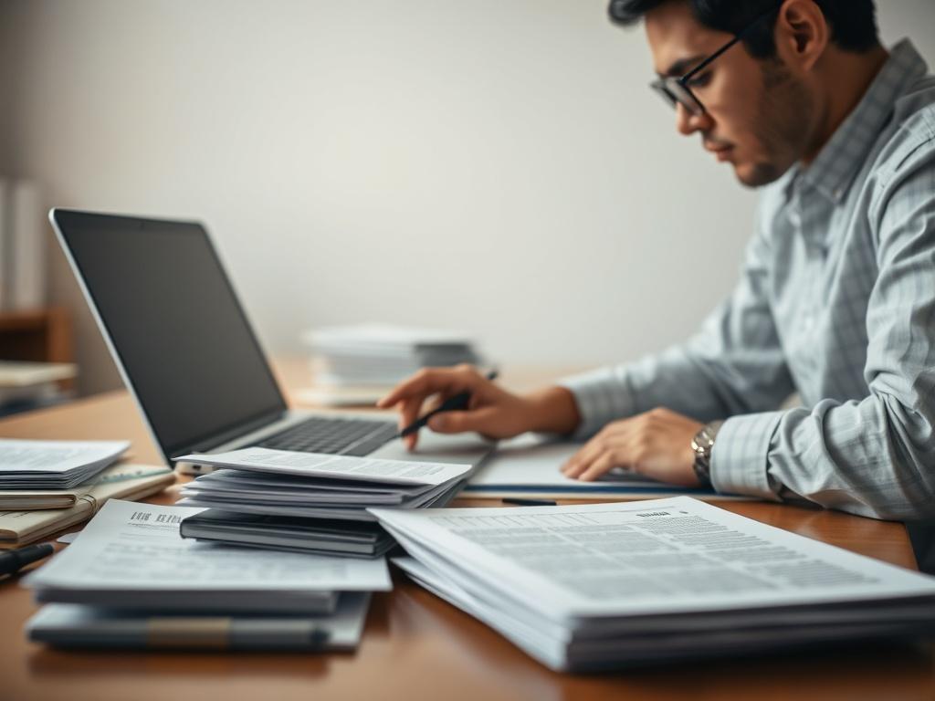 A close-up shot of a person working diligently at a desk, surrounded by organized documents and a laptop. The scene should convey a sense of focus and determination, with natural light illuminating the workspace. The background should be simple and uncluttered, emphasizing the individual's engagement with their records.