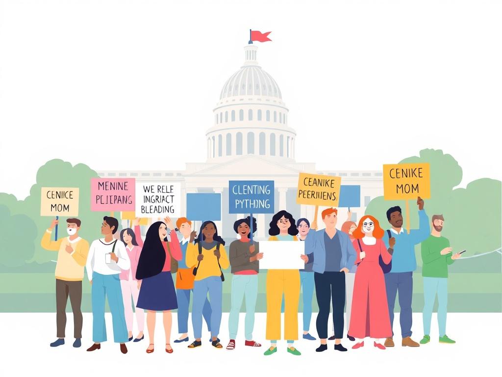 An illustration of a group of diverse citizens holding signs advocating for transparency, set against a backdrop of a government building. The scene should be vibrant and engaging, using pastel colors to create a hopeful atmosphere of civic engagement and activism. The citizens should be the main focus, showcasing unity and determination.