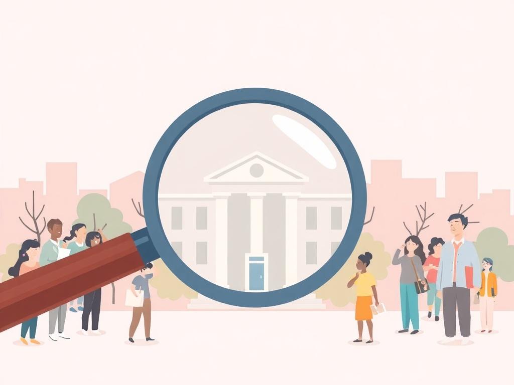 An illustration of a magnifying glass examining a local government building, with a community of diverse citizens in the background, all in a pastel color palette. The scene should convey a sense of investigation and vigilance, with a clear focus on the government building as the main subject. The background should be minimalistic and clean.