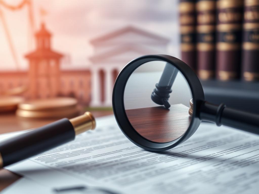 A close-up shot of a magnifying glass over legal documents, symbolizing investigations into procedural violations. The background features blurred images of a courthouse and legal books, creating a sense of seriousness and depth. The lighting is soft, highlighting the magnifying glass and documents. The composition focuses on the details within the document, emphasizing the importance of uncovering the truth.