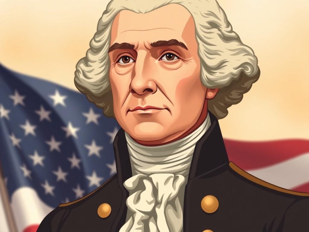 Create a high-quality illustration that features a close-up portrait of one of the United States Founding Fathers, specifically George Washington. The composition should focus solely on Washington, capturing him in a dignified pose, wearing an elegant 18th-century military uniform with a powdered wig, emphasizing his leadership and character.

In the background, include a soft focus depiction of the American flag gently waving, symbolizing patriotism and the nation's founding ideals. Use warm tones and soft