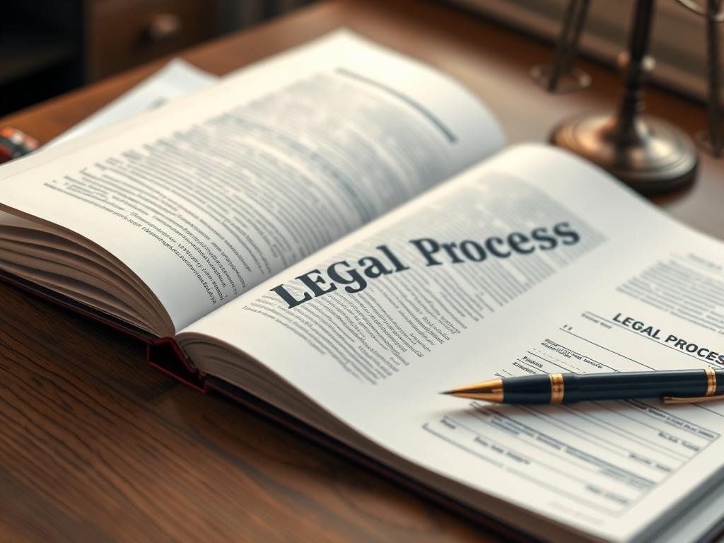 A close-up shot of an open Legal Process Guidebook on a wooden table, with a pen and a legal document partially visible. The background is softly blurred to emphasize the guidebook, featuring warm tones that complement the rgb(193, 153, 87) color scheme.