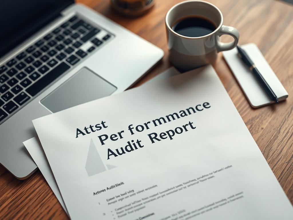 A close-up shot of the Attorney Performance Audit Report, laid out on a desk alongside a laptop and a cup of coffee. The warm colors in the scene complement the rgb(193, 153, 87) palette, focusing attention on the detailed report.