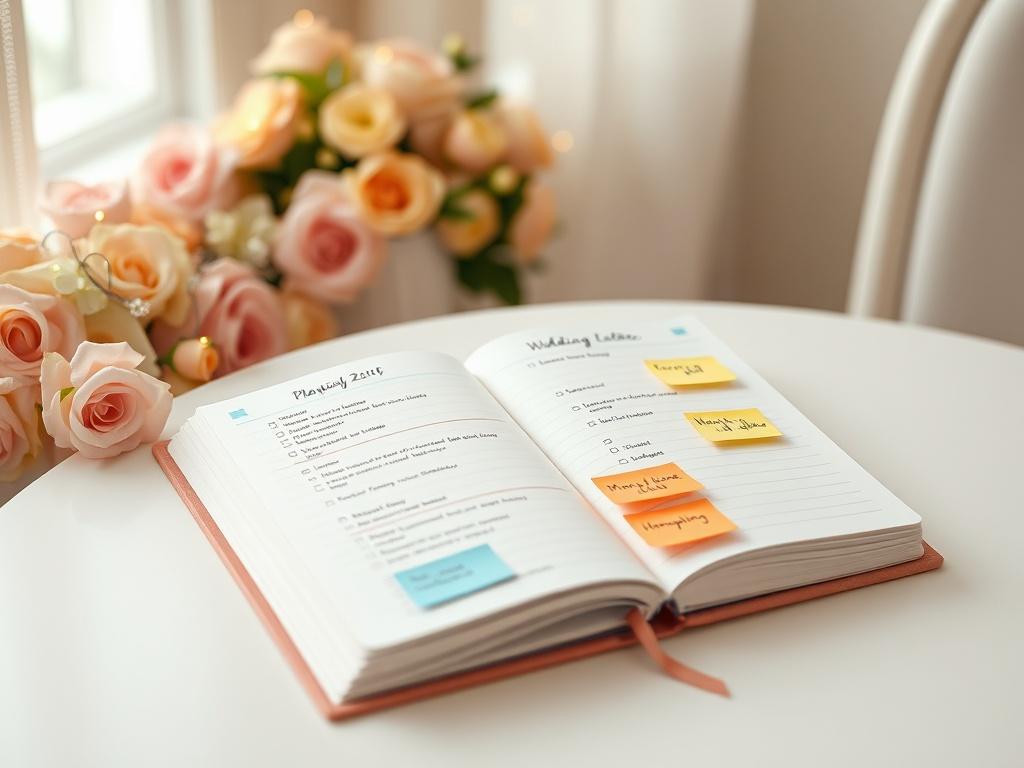 **AI Image Generation Prompt:**

Create a realistic high-resolution photo that captures the essence of wedding planning, specifically highlighting a couple's wedding checklist. The composition should be simple and elegant, featuring a single subject: a beautifully organized wedding planner notebook open on a crisp, white table. The notebook should be filled with handwritten notes and colorful sticky notes that indicate commonly overlooked tasks, such as "Vendor Gratuities," "Marriage License Deadline," and 