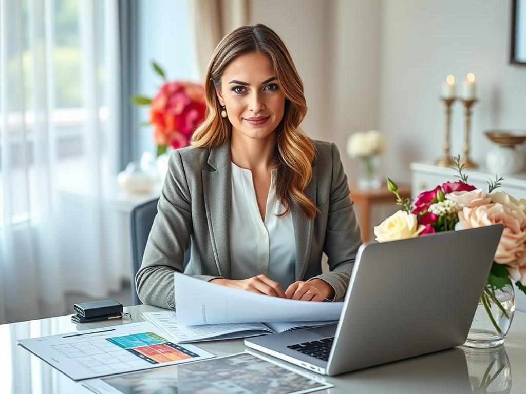 Create a realistic high-resolution photo that embodies the essence of "Why Hiring a San Diego Event Planner Makes Your Event Stress-Free." The image should feature a professional event planner, a woman in her early 30s, confidently reviewing event plans at a beautifully decorated table. She is surrounded by elegant planning materials such as an event calendar, a laptop displaying a colorful venue layout, and a bouquet of fresh flowers to add a touch of warmth and creativity.

The subject should be centered 