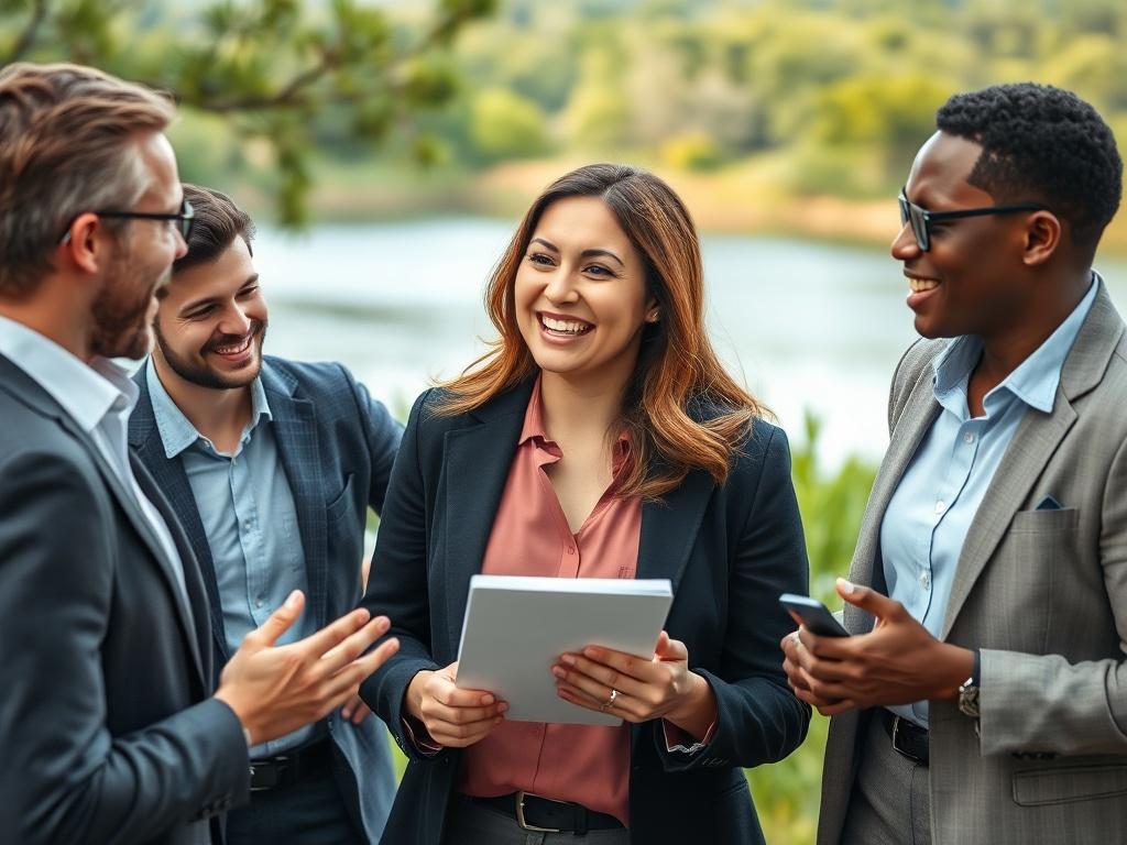 Create a realistic high-resolution photo that embodies a corporate retreat atmosphere. The composition should feature a diverse group of four professionals engaged in a dynamic brainstorming session outdoors, surrounded by lush greenery and a serene lake in the background. Each individual should be dressed in smart-casual attire, exuding a sense of collaboration and energy. Capture the moment in a way that highlights their expressions of enthusiasm and engagement, with gentle smiles and animated gestures. T