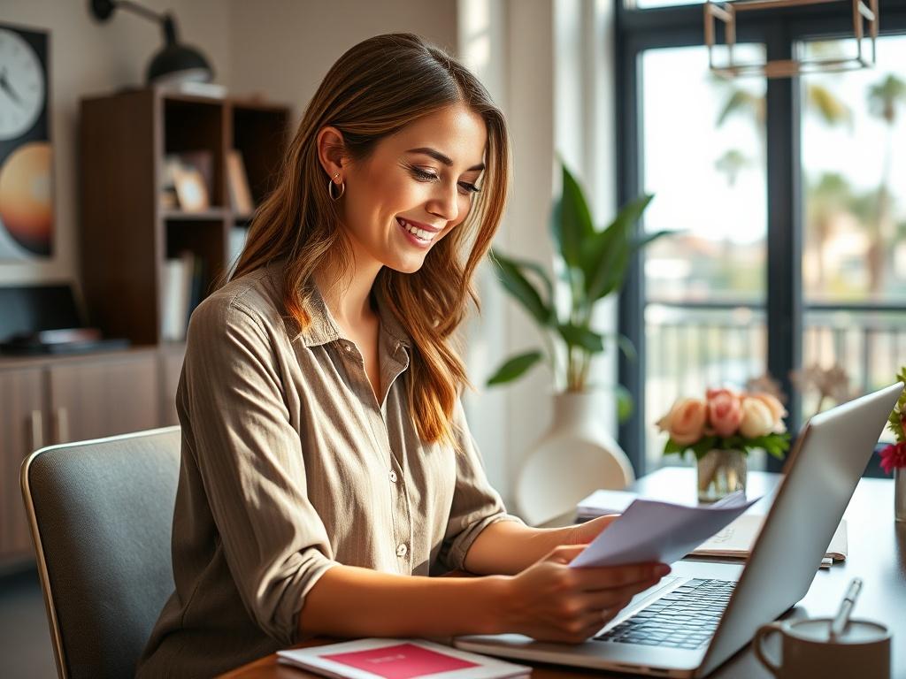 **AI Image Generation Prompt:**

Create a realistic, high-resolution close-up photograph featuring a female event planner in a chic office setting. The planner should be engaged in a thoughtful moment, perhaps reviewing notes or a tablet, with a warm, inviting smile that conveys confidence and approachability. 

The planner should be casually dressed in professional attire, reflecting a modern and stylish aesthetic. Her workspace should include elegant decor elements, such as a desk with a sleek laptop, col