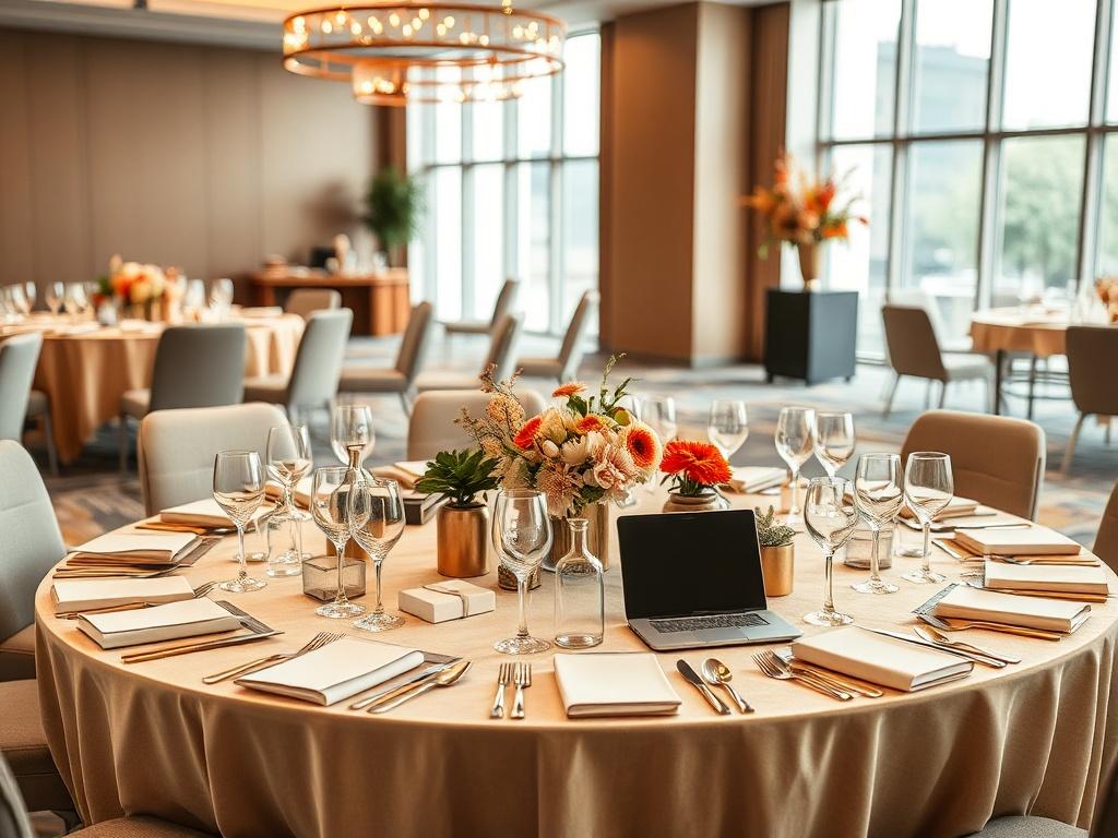 Create a realistic high-resolution photo of a sophisticated corporate event setup to reflect the theme of "Top 10 Creative Corporate Event Ideas for 2026." The composition should feature a single, elegant round table set for a networking event, beautifully arranged with stylish name cards, vibrant floral centerpieces, and contemporary tableware. The background should show a spacious, modern conference room with large windows letting in natural light, adorned with tasteful decorations that evoke a sense of i