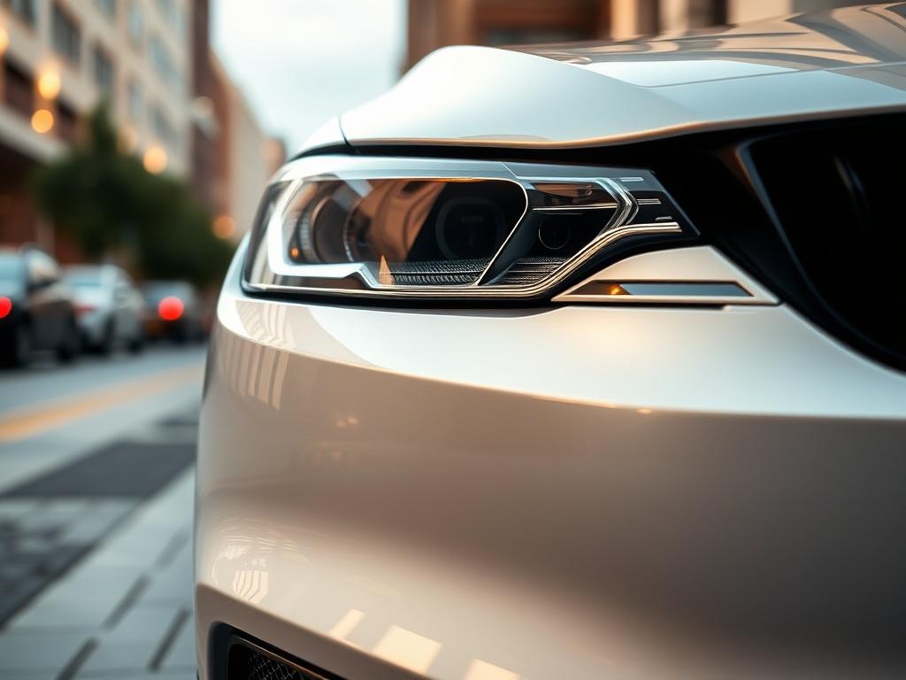 A hyper-realistic close-up shot of a stylish leasing car, showcasing its sleek design and shiny surface. The focus should be on the car's front grille and headlights, capturing the details with a 45mm f/1.2 lens. The background should be softly blurred, featuring an elegant urban environment that complements the car's luxury appeal. The overall color scheme should align with the primary color #062767.