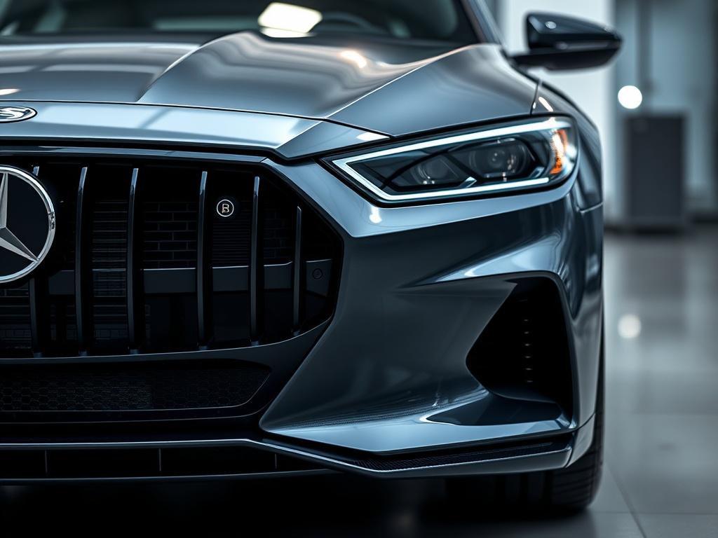 A hyper-realistic close-up shot of a sleek car, showcasing its modern design elements, with a focus on the front grille and headlights. The background should be blurred, emphasizing the car in the foreground, and the overall color tone should match the primary color #062767.