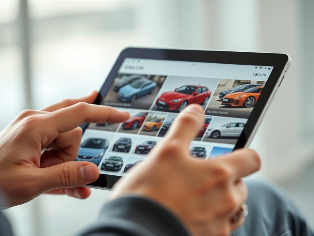 Create a realistic high-resolution image of a user interacting with a digital car catalog on a tablet. The image should show the user's hand selecting a car brand, with the screen displaying vibrant images of different car models. The background should be soft and modern, enhancing the focus on the device and the catalog.