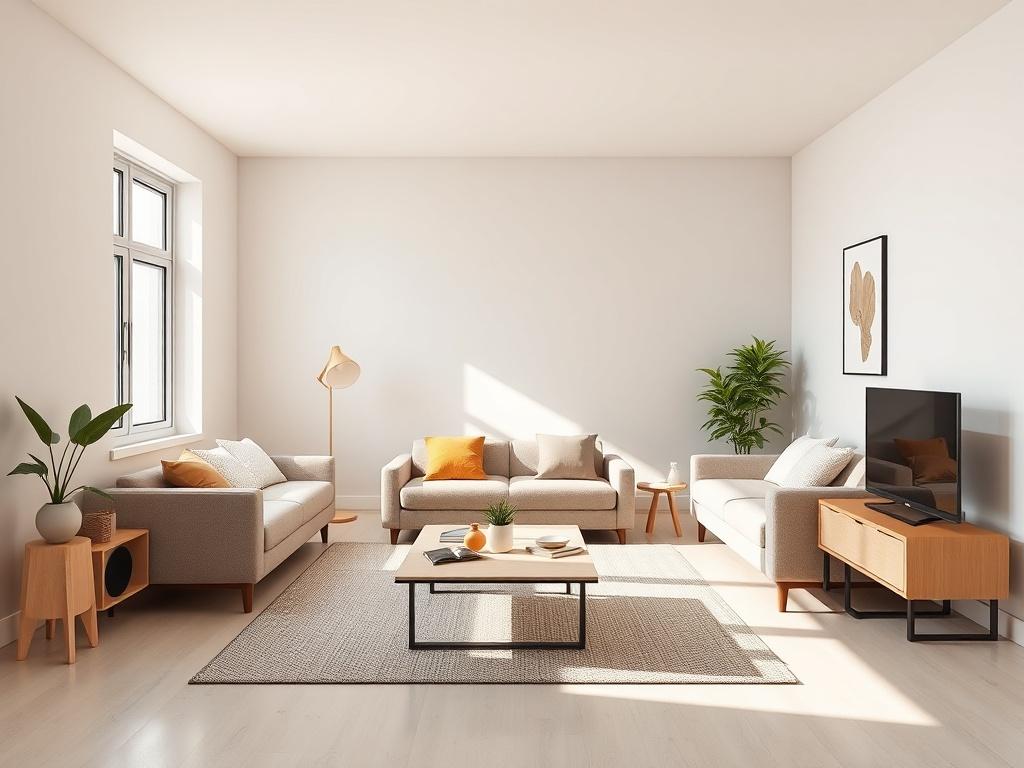 A modern co-living space featuring four private rooms and a shared room, focusing on comfort and community. The composition should showcase a welcoming living area with clean lines, minimalistic decor, and bright, inviting colors. The background should be simple, highlighting the essential elements of the space, with a focus on creating a safe and friendly atmosphere.
