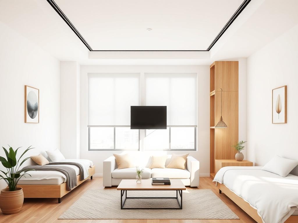 A modern co-living space with four private rooms, showcasing a welcoming atmosphere. The image should depict a clean, well-lit interior with minimalistic decor, emphasizing comfort and safety. Include a shared living area that highlights community living, with simple colors and negative space to convey tranquility. The focus should be on the rooms and communal space, avoiding clutter.