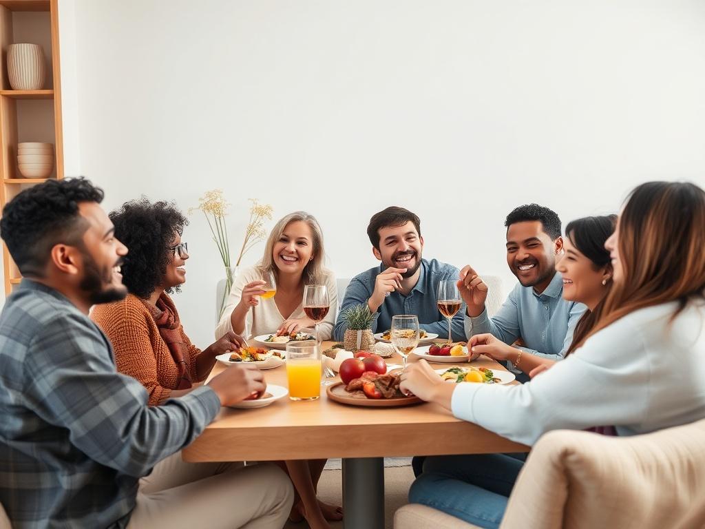 A group of diverse adults enjoying a communal meal together in a cozy living space, showcasing a warm and friendly atmosphere. The image should capture laughter and connection, highlighting the sense of community within the co-living environment. Use simple colors and clean lines to create a welcoming scene.