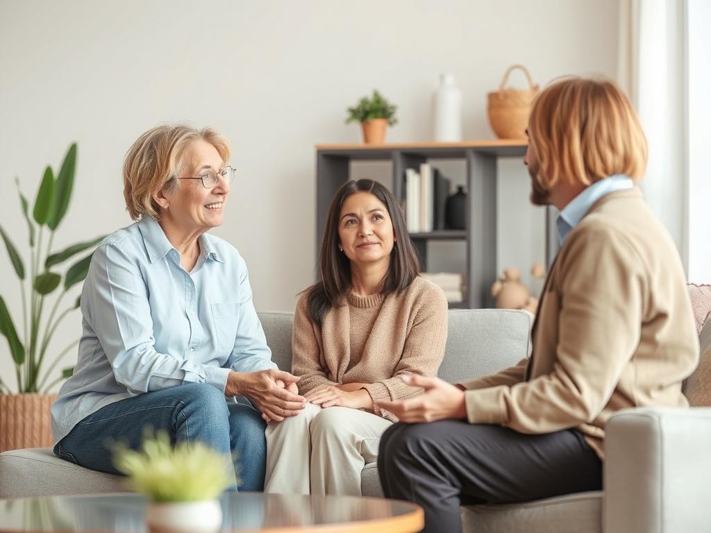 A professional consultant discussing housing options with an individual or family in a friendly setting. The image should convey a sense of trust and support, featuring a warm environment with simple decor. Focus on the interaction, showcasing attentive listening and guidance in a welcoming atmosphere.