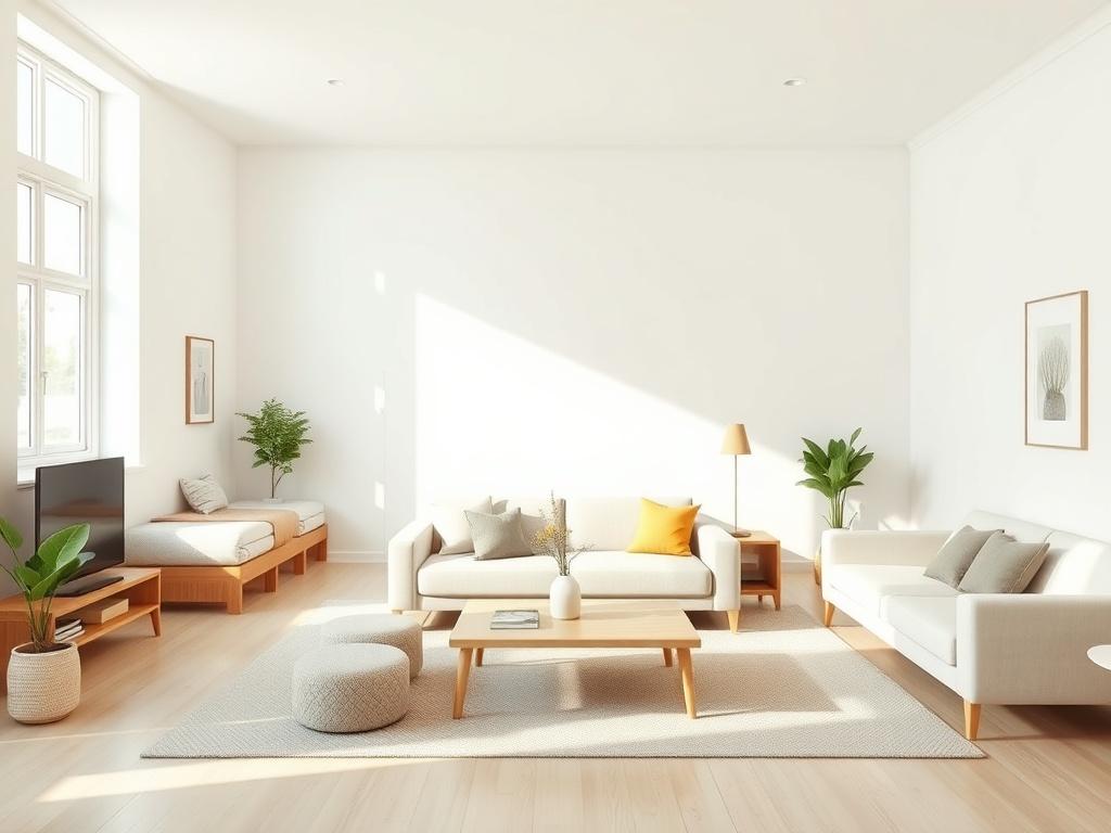 A clean, modern co-living space featuring four private rooms and one shared room. The image should show a warm and inviting atmosphere with comfortable furnishings, simple colors, and ample natural light. The focus should be on the shared living area that promotes a sense of community, with a layout that highlights both private rooms and the shared space.