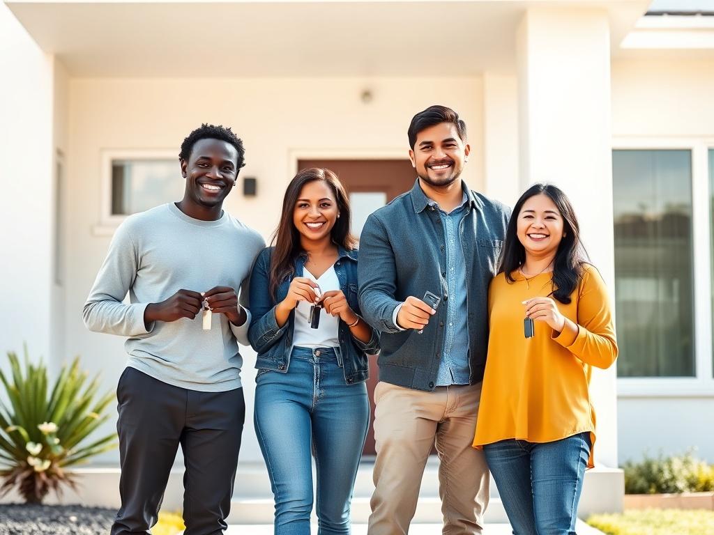 A realistic high-resolution photo of four diverse individuals standing together in front of a modern home, smiling and holding keys. The group includes a black man, a white woman, a Hispanic man, and an Asian woman. They are dressed casually and appear friendly, showcasing a sense of community and collaboration. The house behind them is contemporary, with clean lines and a welcoming entrance. The background is a sunny day, enhancing the warm and positive atmosphere of neighborly co-living.