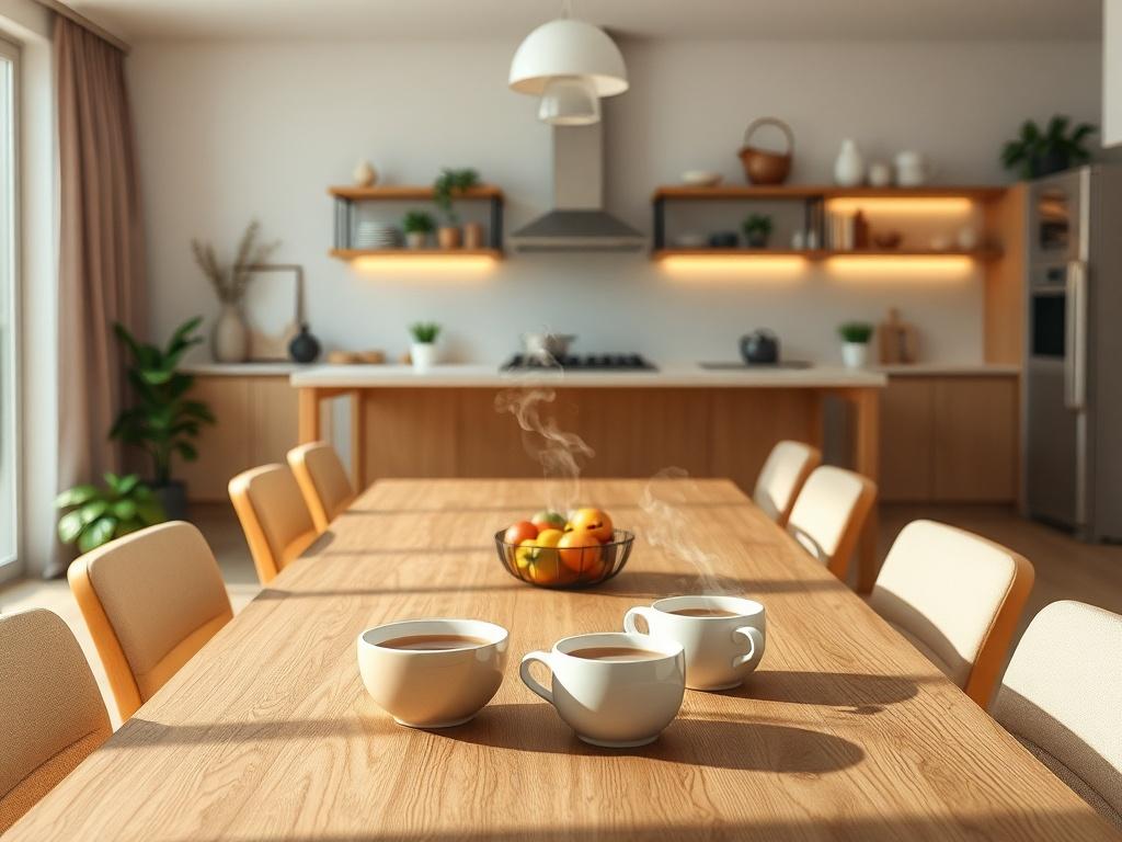 Create a realistic high-resolution photo that depicts a cozy and inviting co-living space designed for multiple people. The composition should be simple and clear, featuring a communal dining area with a large wooden table surrounded by comfortable chairs. In the background, softly lit, stylish kitchen elements should be visible, showcasing open shelves with neatly arranged kitchenware and plants for a touch of greenery. The focus should be on the table setting, which features a bowl of fresh fruit and a co