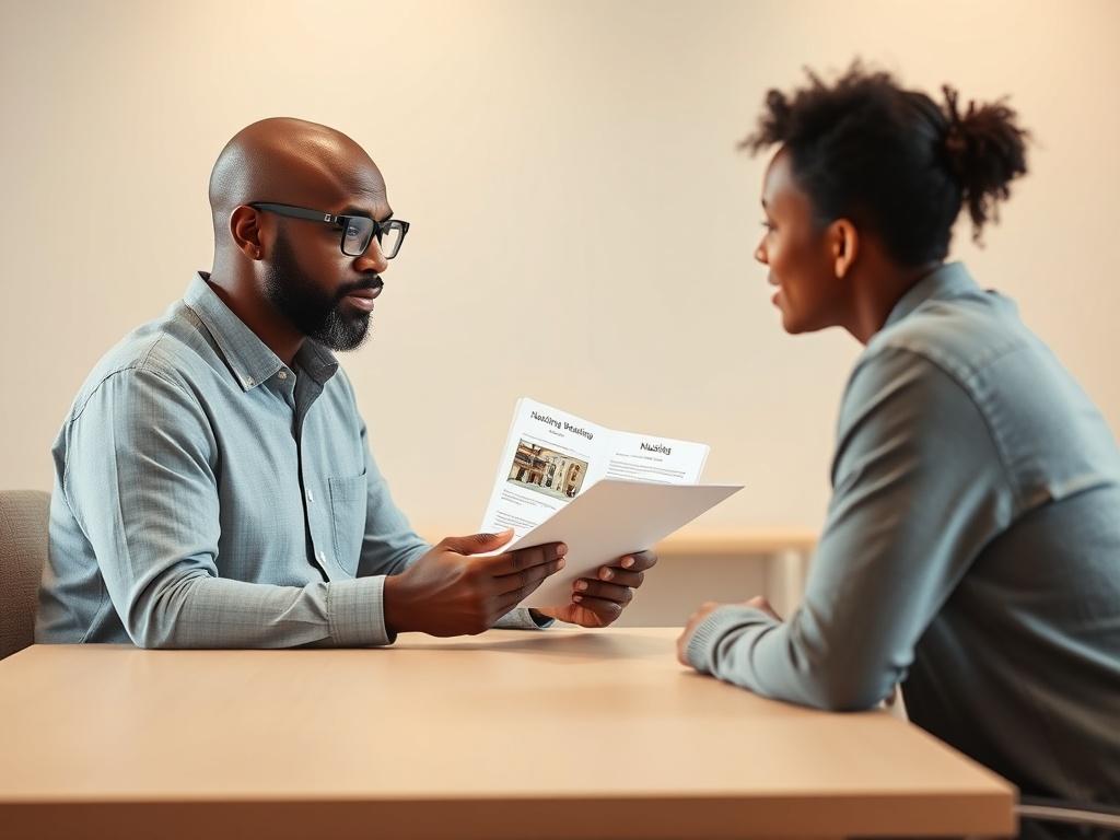 A bald black man with a beard and wearing glasses is sitting across from an individual in need of housing. They are in a modern, warm office space, with a simple desk between them. The bald man is engaged in a thoughtful conversation, gesturing toward a folder with housing options. The individual looks hopeful and attentive. The background features a clean, minimalistic design with soft lighting, creating a welcoming atmosphere.