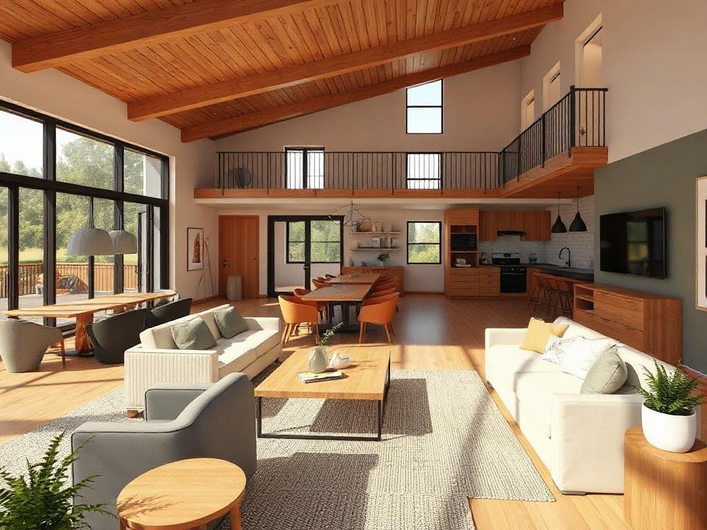 A conceptual rendering of a vibrant co-living space designed for veterans, featuring shared communal areas, comfortable living quarters, and outdoor spaces. The atmosphere should be warm and inviting, showcasing a sense of community and belonging.
