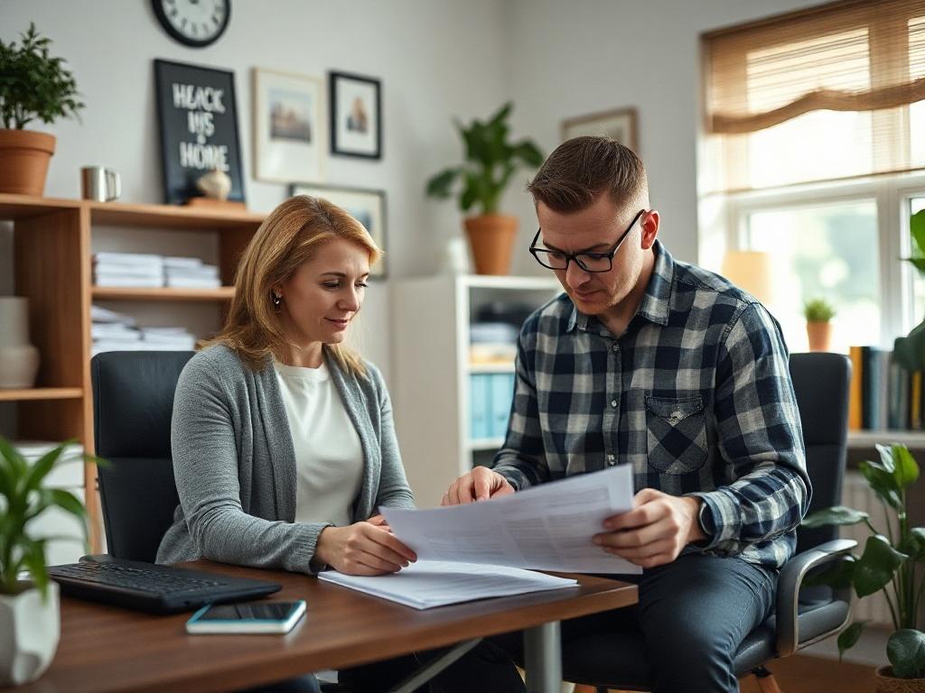 A dedicated housing coordinator assisting a veteran with paperwork in a cozy office environment, surrounded by supportive visuals and resources. The focus should be on the positive interaction between the coordinator and the veteran.