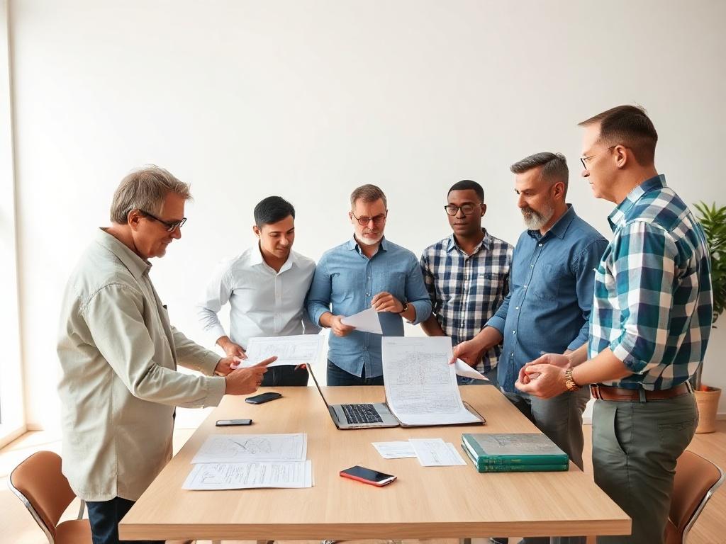 A professional consultant meeting with a diverse group of veterans, discussing plans over documents and blueprints in a bright and welcoming office space. The background should be clean and minimalistic, with a focus on the group's interaction and engagement.