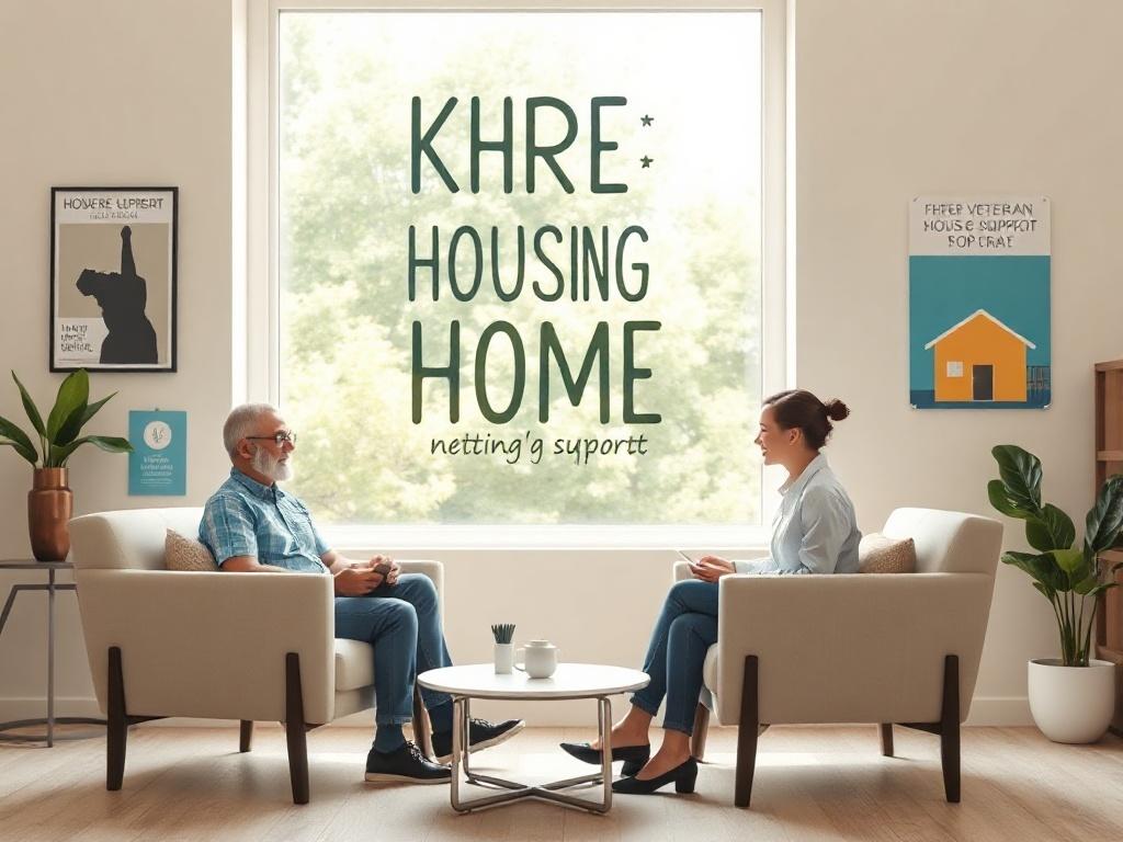A warm, inviting office space with a friendly consultant speaking to a veteran. The room features comfortable seating, a large window with natural light, and motivational posters about housing support. The consultant is actively listening and taking notes, creating a supportive atmosphere.