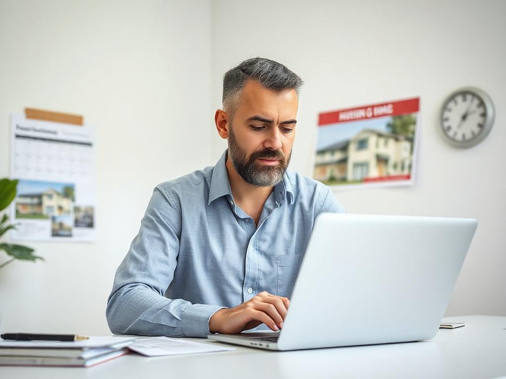 A dedicated coordinator working on a laptop, reviewing housing options for veterans. The setting is a bright office with housing brochures and a calendar on the wall. The coordinator appears focused and determined to find the best solutions.