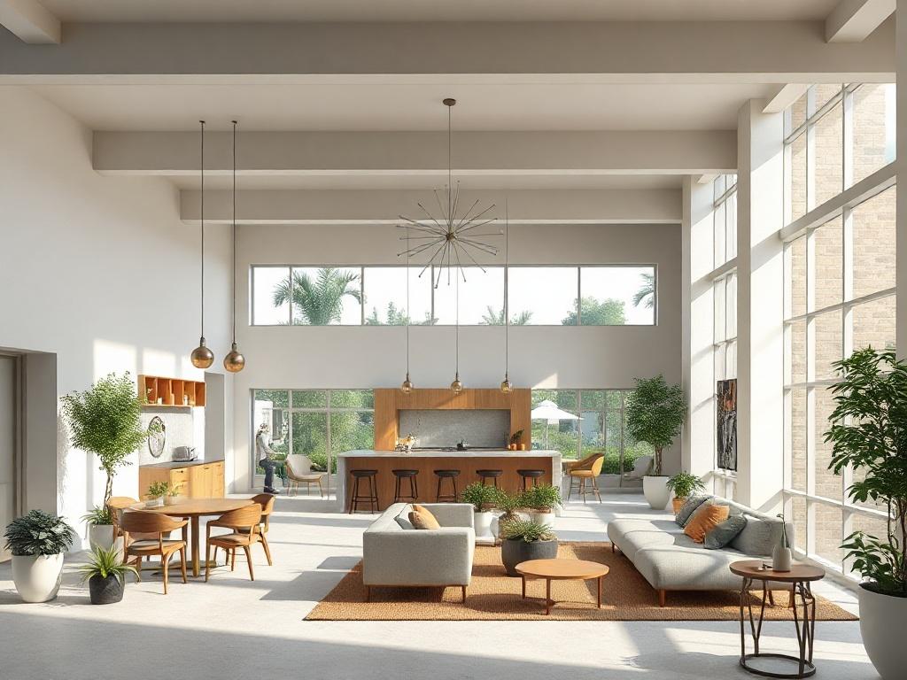 An artistic rendering of a modern co-living space designed for veterans, featuring shared living areas, communal kitchens, and outdoor spaces. The design emphasizes community and collaboration, with greenery and comfortable seating areas.