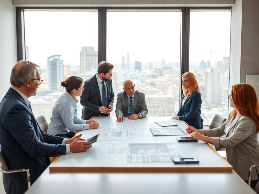 A group of professionals in a conference room collaborating on a housing project. They are gathered around a large table with blueprints and charts, engaged in discussion. The room has a large window showing a cityscape, symbolizing community engagement.