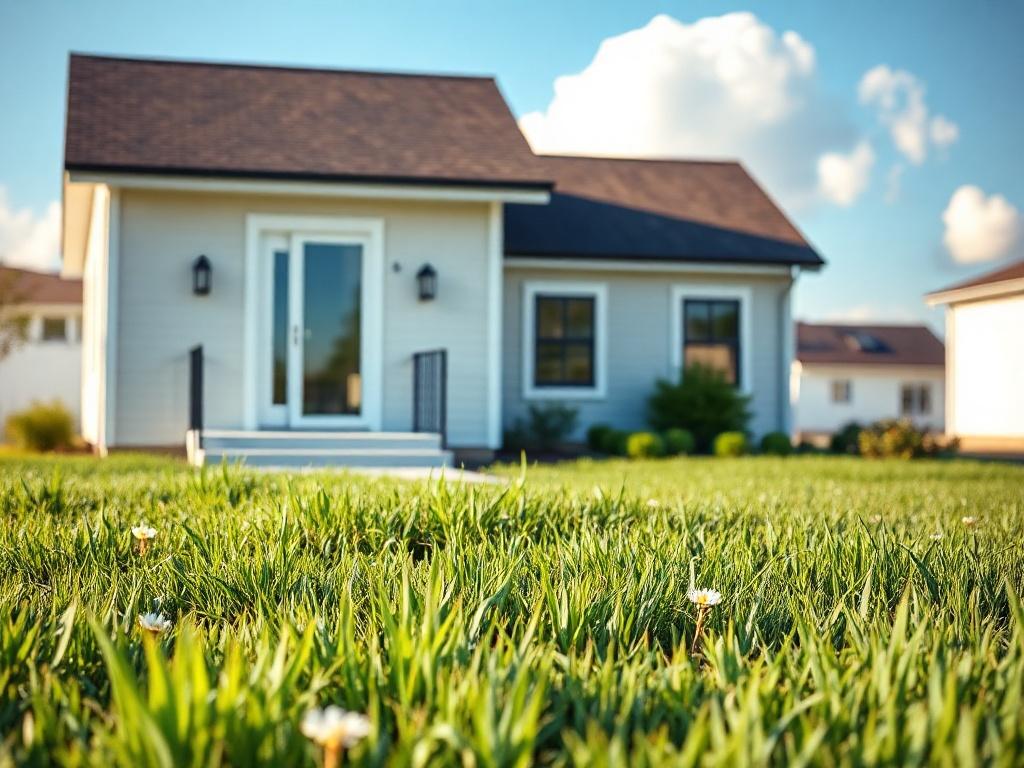Create a realistic high-resolution photo that captures the essence of veteran housing development strategies. The image should feature a single, elegant modern dwelling designed specifically for veterans. This home should boast accessible features, such as a ramp and wide doorways, symbolizing inclusivity and support.

The dwelling should be situated in a serene suburban setting, with a well-maintained garden in the foreground, showcasing vibrant green grass and a few flowering plants to symbolize hope and 