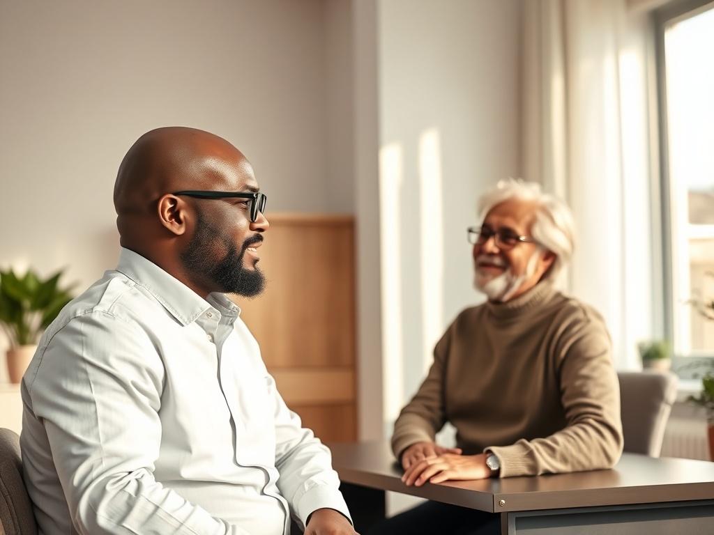 A black man, bald with a beard and glasses, engaged in a screening process with a prospective resident. The setting is a clean, modern office space with a warm and welcoming atmosphere. The man is sitting at a desk, looking attentive and professional, while the prospective resident appears engaged and hopeful. Soft natural light filters through a window, creating a friendly and inviting environment.