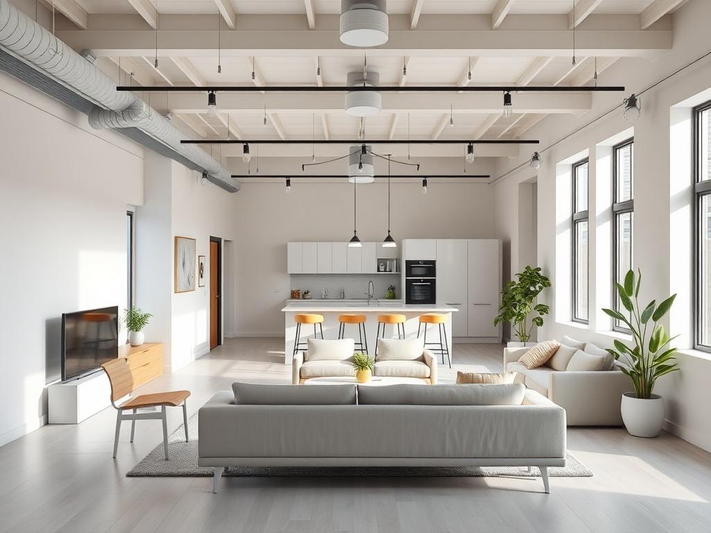 A modern co-living space designed for adults, featuring shared living areas, simple furnishings, and a welcoming atmosphere. The image should depict a clean, well-lit common area with comfortable seating and a communal kitchen, emphasizing a sense of community and safety.