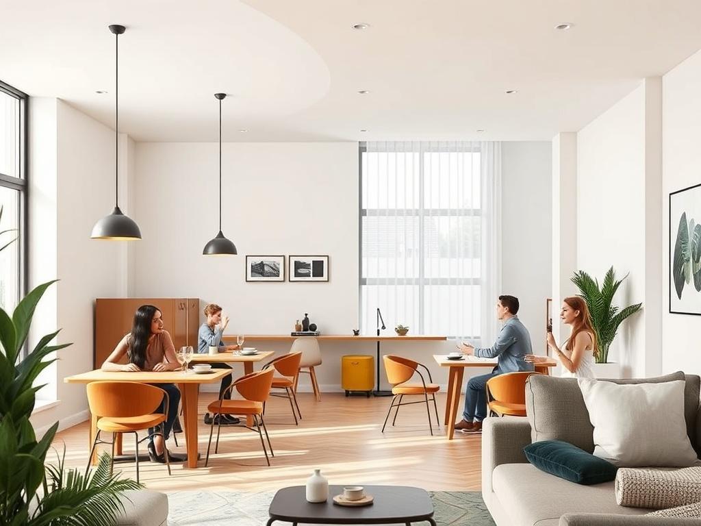 An interior view of a co-living space, showcasing shared dining and living areas with modern decor. The image should highlight a comfortable and inviting atmosphere, focusing on communal interaction among adult residents.
