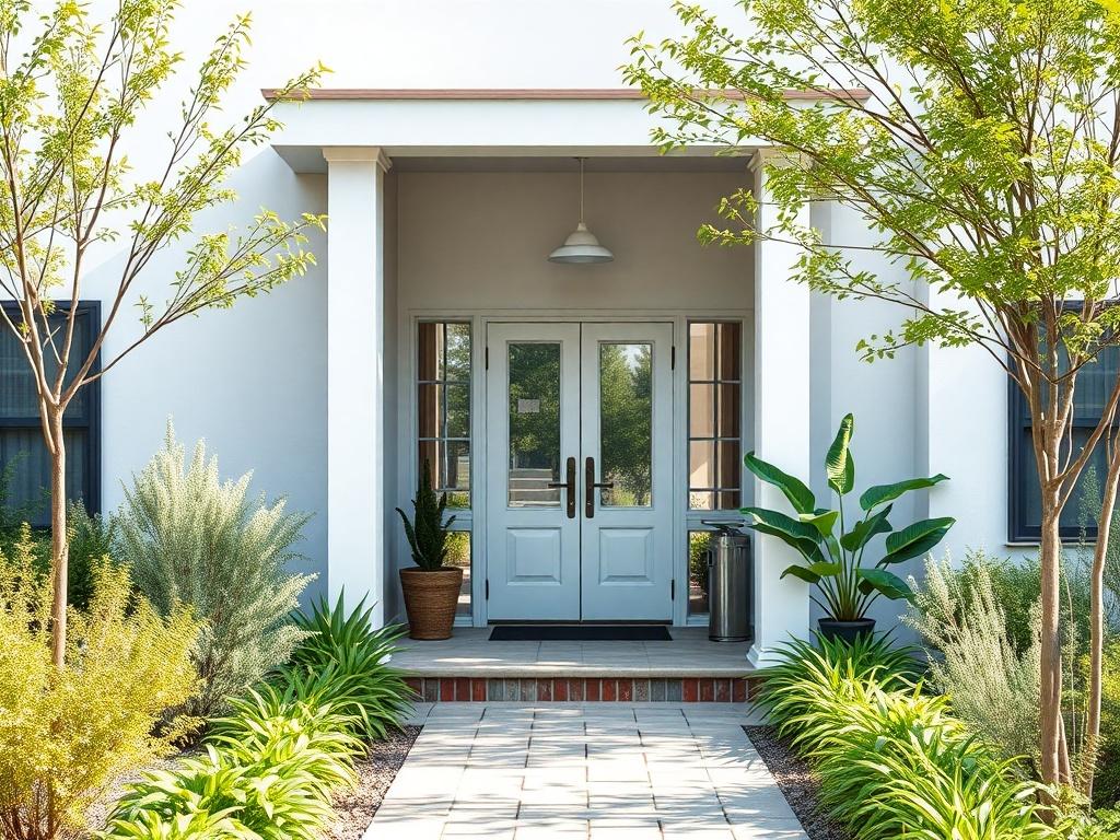 A welcoming entrance to a co-living space for adults, featuring a well-maintained garden and accessible entryway. The image should convey a sense of safety and community with clear pathways and inviting surroundings.