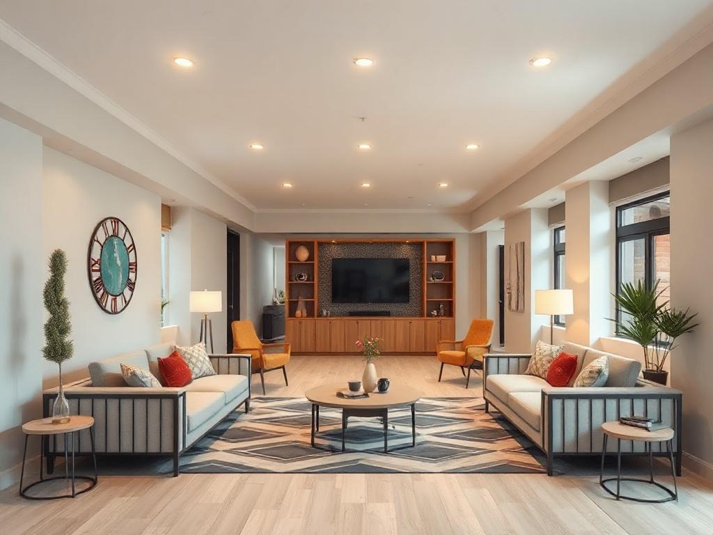 A modern co-living space designed for veterans, featuring shared living areas and comfortable rooms. The environment is inviting, with communal spaces that encourage interaction and support among residents.