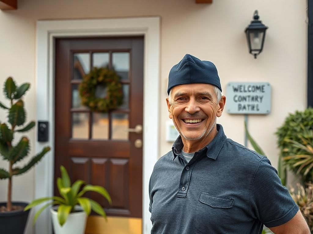 A veteran smiling in front of their new apartment, with a welcoming door and plants. The background shows a supportive community atmosphere, conveying a sense of belonging and safety.